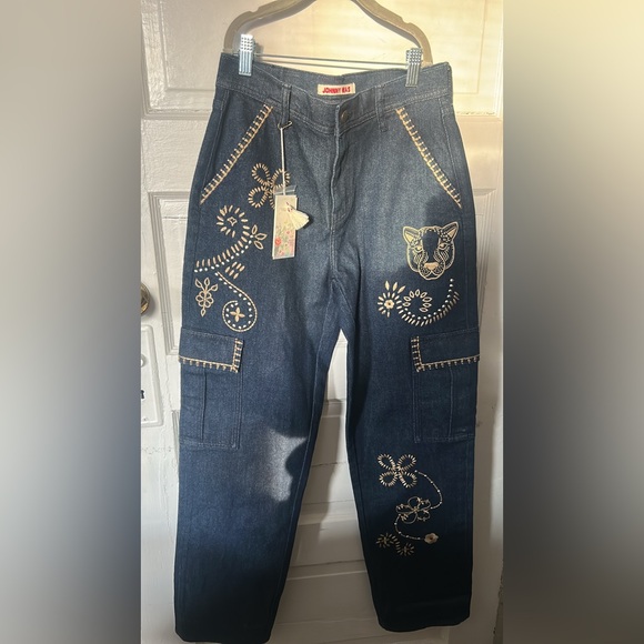 Johnny Was Denim - Johnny Was Blue Straight Leg Jeans with Gold Embroidery